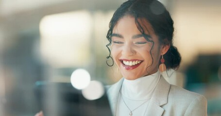 Business woman, tablet and laugh in night, office and reading an email notification, meme or story on web. Entrepreneur, digital touchscreen and happy with funny video, chat or post on social media - Powered by Adobe