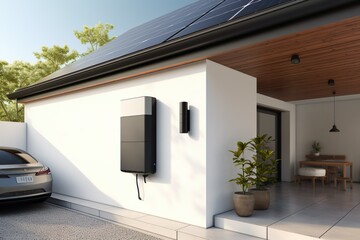 battery packs alternative electric energy storage system at home garage wall as backup or sustainable energy concepts  | Generative AI - obrazy, fototapety, plakaty