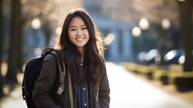 Beautiful Asian woman with backpack in college campus.