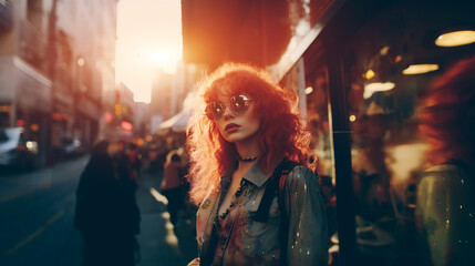 young and stylish teenager female with trendy red hair on street of big city at sunset, fashionable redhead woman - obrazy, fototapety, plakaty