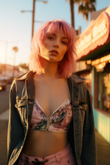 Naklejka premium young and stylish teenager female with trendy pink hair at sunset, woman in California or Florida, Miami style, modern youth