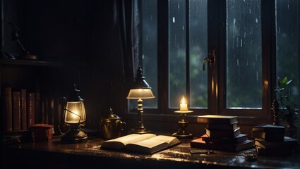 room with a lamp in rainy day
