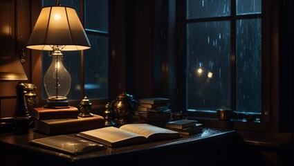 room with a lamp in rainy day