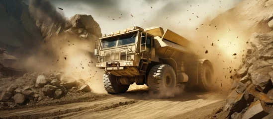 Rolgordijnen Large mining dump truck removes stone rock from limestone quarry © AkuAku