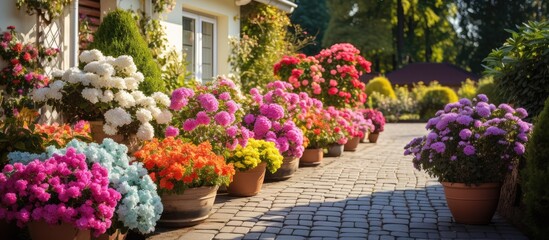 Garden entrance to a house with potted plants and flowers