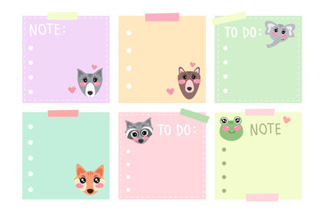 Set of vector notes or reminder with cute kawaii animals. Memo note organizer. Note, notes template for kids, for children. Ready for print. Kawaii cutie stationery for little children