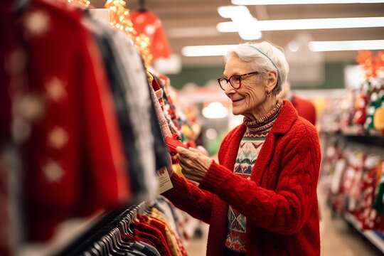 Tender Mature Senior Woman Shopping Christmas Gifts In A Store. Happy Grandmother Buying Presents In A Supermarket, Wearing Christmas Ugly Sweater. Cheerful Grandma Choosing The Right Gift For Family