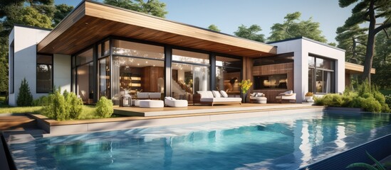 Contemporary villa with open living space separate bedroom area Spacious terrace with privacy pool Covered sauna terrace for relaxation