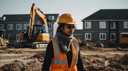 Construction worker operating heavy machinery. Construction worker wearing safety gear while operating heavy machinery on a residential site.