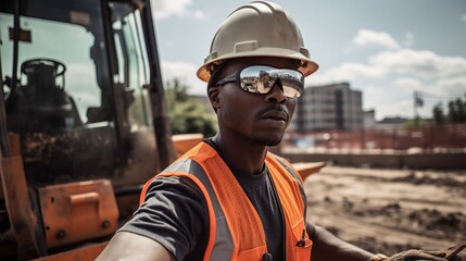 Construction worker operating heavy machinery. Construction worker wearing safety gear while operating heavy machinery on a residential site.