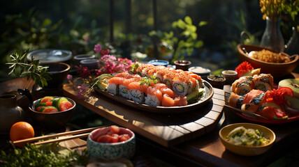 Fototapeta na wymiar Sushi, a typical Japanese dish based on rice, filled with fish, seaweed, nori, eggs, etc