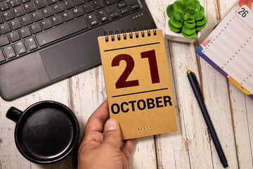 October 21 calendar date text on wooden blocks with copy space for ideas. Copy space and calendar...