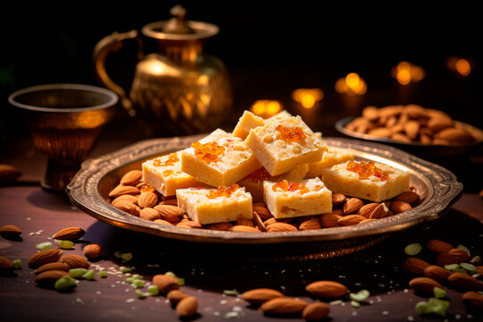 Generative AI image of oriental dish burfi on plate with delicious almond placed on wooden table