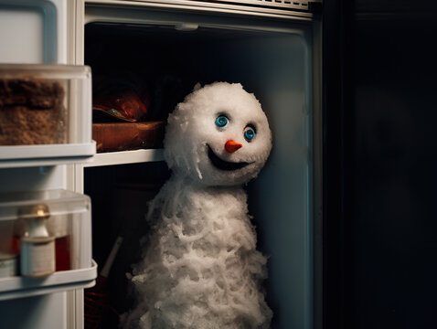Generative AI image of smiling snowman standing inside fridge melting