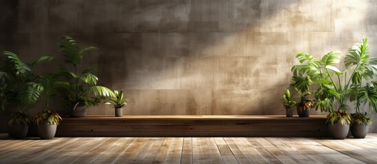 Rendered wood wall with concrete floor backdrop hides tropical garden sunlight enters room