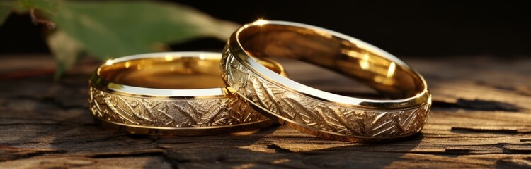 Golden wedding rings on old wooden surface - obrazy, fototapety, plakaty