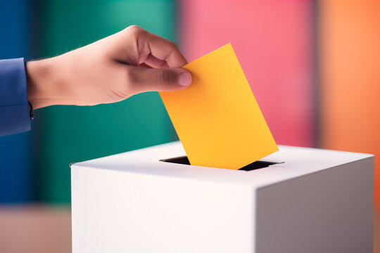 Generative AI illustration of crop anonymous person putting the vote in ballot box against colorful blurred background