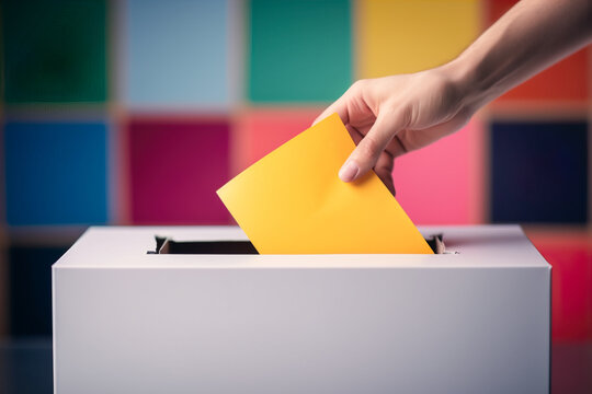 Generative AI illustration of crop anonymous person putting the vote in ballot box against colorful blurred background