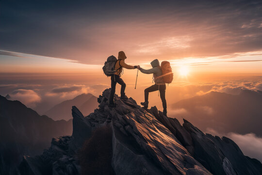 Generative AI illustration of side view of anonymous hiker helping friend to climb on rocky mountain peak while hiking together against sunset