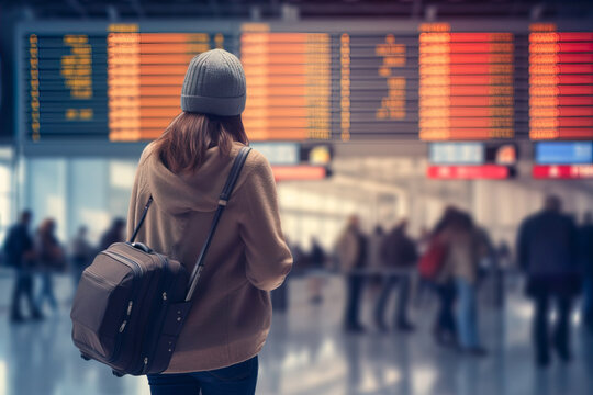 Generative AI illustration back view of unrecognizable female tourist with backpack standing in airport terminal and waiting against arrival and departure board