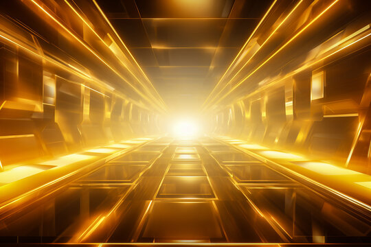 Generative AI illustration of abstract background of endless futuristic tunnel with geometric design in perspective view with yellow neon light
