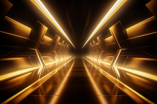 Generative AI illustration of abstract background of endless futuristic tunnel with geometric design in perspective view with yellow neon light