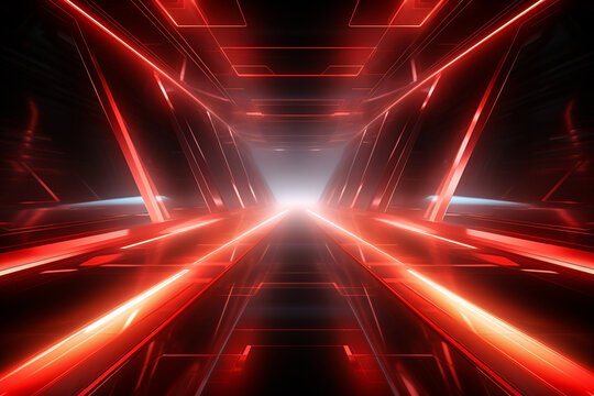Generative AI illustration of abstract background of endless futuristic tunnel with geometric design in perspective view with red neon light