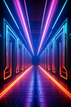 Generative AI illustration of abstract background of endless futuristic tunnel with geometric design in perspective view with multicolored neon light