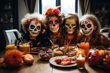Generative AI image of young people in skull face masks looking at camera while sitting at table with pumpkins candles fruits near window in daylight