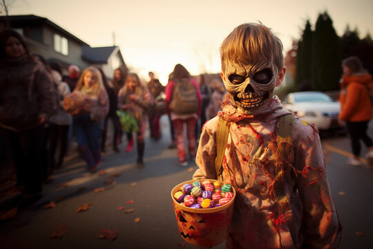 Generative AI image of kid in skull face looking at camera while standing with basket of Halloween trick or treat sweets against blurred street with people