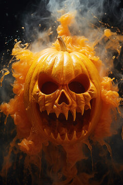 Generative AI image of creepy carved pumpkin as monster face among pulp against black background in Halloween celebration