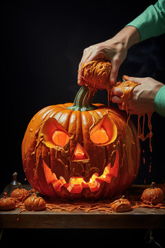 Generative AI image of crop man making scary pumpkin on wooden table against dark background in Halloween celebration