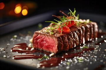 Generative AI illustration from above of appetizing juicy beef steak served on a board in a restaurant in blurred background