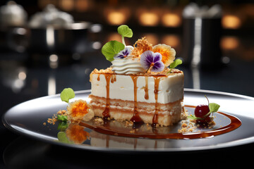 Generative AI illustration of Slice of tasty sweet cake with cream decorated with flower and blackberries served on plate on table in light room