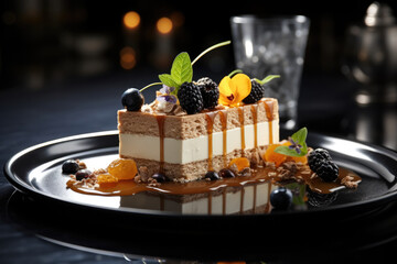 Generative AI illustration of Slice of tasty sweet cake with cream decorated with flower and blackberries served on plate on table in light room