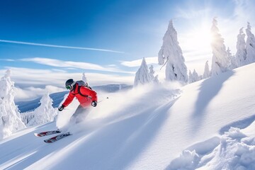 Skier skiing downhill in high mountains at sunny day. Winter sport. Winter sports activities. Skiing
