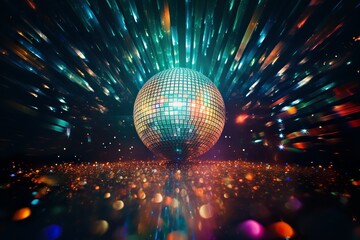 Disco ball scatters colorful light in a dark room | Generative AI - obrazy, fototapety, plakaty