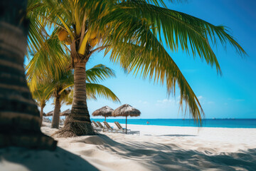 Island with palm trees and snow-white sand in the ocean