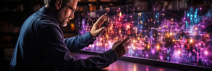 a businessman in business attire touching a business dashboard, in the style of objective abstraction, shaped canvas, light violet and dark cyan, generative AI - obrazy, fototapety, plakaty