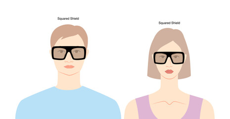 Squared Shield frame glasses on women and men flat character fashion accessory illustration. Sunglass front view unisex silhouette style, rim eyeglasses, lens sketch style outline isolated on white