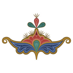 Stylized fantastic flower. Symmetrical floral folk motif. Russian medieval ornament. Isolated vector illustration.