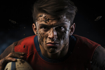 Fototapeta premium Rugby sportsman players with ball in action on stadium under lights. Emotional team under rain, splash drops.