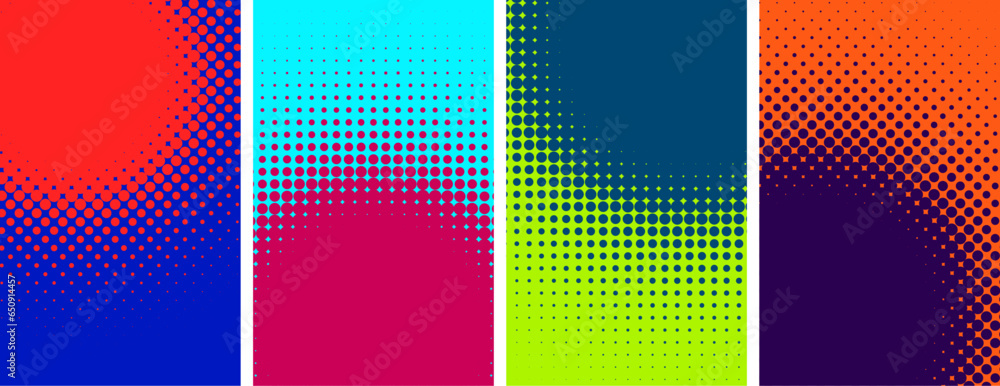 Poster set of colorful round gradient halftone dots backgrounds with space for text.