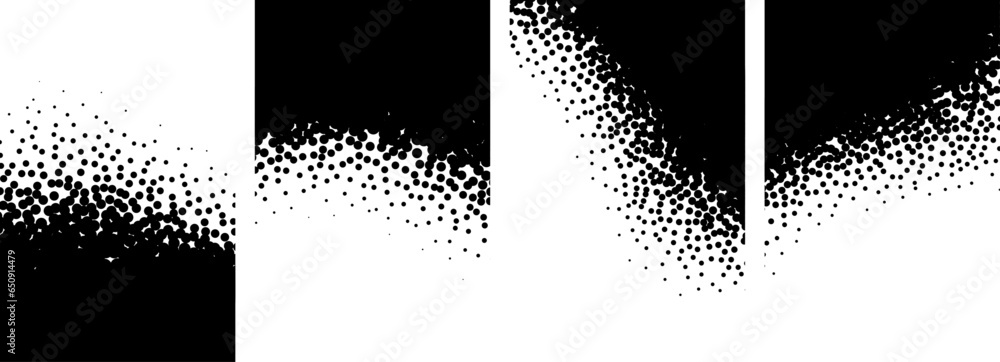 Aufkleber set of black and white round spray gradient halftone dots backgrounds with space for text.