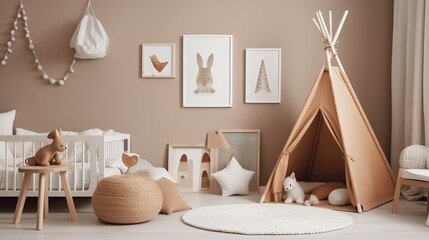 Newborn baby room. Stylish Scandinavian newborn baby room with brown wooden mock up poster frame, toys, plush animal and child accessories - obrazy, fototapety, plakaty
