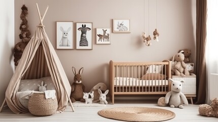 Fototapeta na wymiar Newborn baby room. Stylish Scandinavian newborn baby room with brown wooden mock up poster frame, toys, plush animal and child accessories