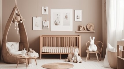 Newborn baby room. Stylish Scandinavian newborn baby room with brown wooden mock up poster frame, toys, plush animal and child accessories