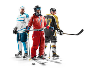 Sport concept. Skiing and hockey athletes. Winter sports. Professional athletes. Sport collage. Isolated in white