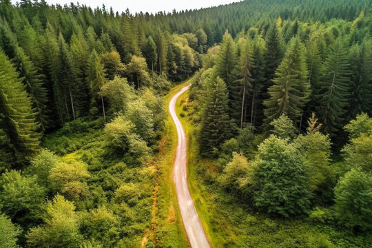 An image of a forest seen from above. A road can be seen in the center. Magnificent nature, country life, holiday driving concept.