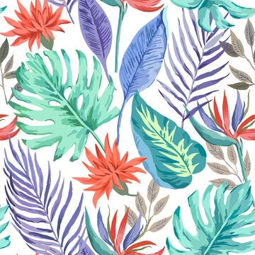 Realistic tropical pattern with monstera leaves and red flowers. Vector illustration.